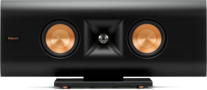 Altavoz de pared Klipsch RP-240D negro, doble altavoz cobrizo y bocina central, vista frontal