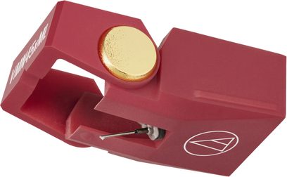 Diamant Audio Technica AT-VMN45xML rood in mat plastic met gouden stip, wit logo en zichtbare cantilever, driekwart perspectiefaanzicht