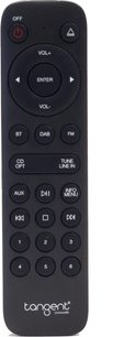 Sort Tangent fjernbetjening med knapper til at styre en radiotuner: Lydstyrke, indgang, DAB, FM, CD, AUX, info menu og numerisk tastatur