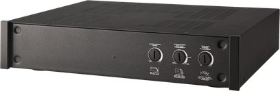 Wzmacniacz mocy hi-fi Paradigm X-850, czarna prostokątna obudowa, panel przedni z 4 pokrętłami i białymi napisami