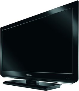 Toshiba 42HL833 højdefinitions-fladskærms-TV, rektangulær sort skærm, set forfra, placeret på et stativ