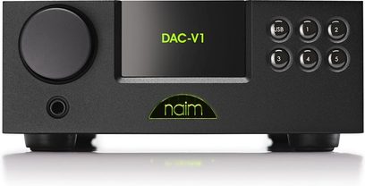 Zesilovač Naim DAC-V1 černý, přední panel s tlačítky, USB port a zelený displej, detailní pohled zepředu
