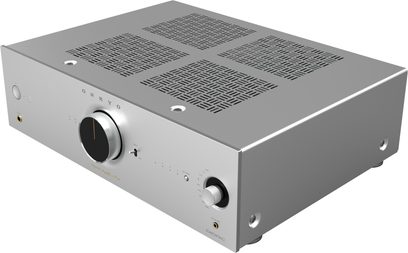 Onkyo ICON A-50 stereoforsterker i sølvfarget metall, stor sentral volumknapp, hodetelefonutgang, toppgriller, visning 3/4 høyre