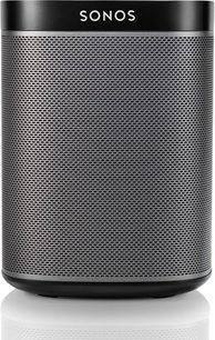 Trådløs, tilsluttet Sonos Play 1-højttaler i sort, set forfra, med metalrist over hele overfladen, "SONOS"-logo øverst