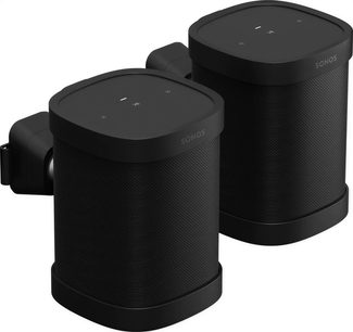 To sorte, cylinderformede Sonos vægbeslag med flad top, set forfra på en hvid baggrund