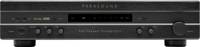 Parasound NEW CLASSIC 2100 stereoforforstærker set forfra i sort, frontpanel i børstet aluminium, blåt display