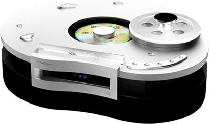 Consonance Droplet CDP5.0 sort CD-afspiller, set oppefra, åben skuffe med CD, knapper og LED-display på forsiden