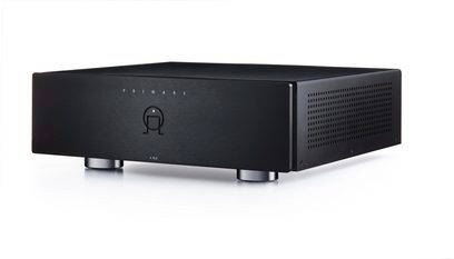 Primare A35.8 sort multikanal-effektforstærker, set forfra, rektangulært sort kabinet med børstet aluminiumsfront