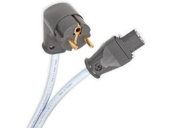 Netzkabel Supra Lorad 2.5 IEC FR abgewinkelt, graue Stecker mit vergoldeten Kontakten, weißer Mantel 1,5 m