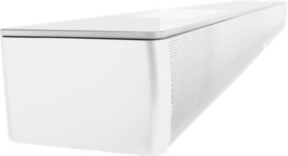 Bílý soundbar Canton Smart Soundbar 10 v matném provedení, boční pohled v mírném úhlu