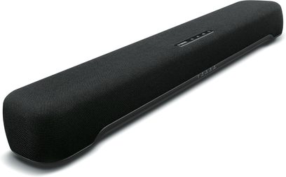 Yamaha SR-C20A sort soundbar, set oppefra, aflang rektangulær afrundet form, overflade i sort vævet stof