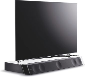 Téléviseur à écran plat noir rectangulaire sur support métallique chromé, vu de face