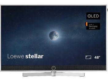 Loewe Stellar 48 DR+ televizorius, sidabriškai pilkas, vaizdas iš priekio, OLED ekranas su mėnuliu ir integruota garso juosta