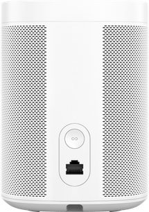 Sonos One SL højttaler i hvid, set forfra, med hvid perforeret gitterbeklædning, sort knap i midten, cylindrisk form