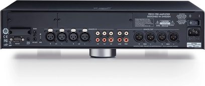 Primare PR35 sort stereo-forstærker, set forfra, med stik og betjeningsknapper på forsiden og oven på