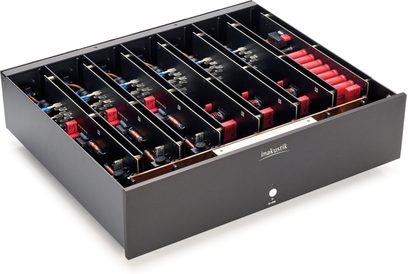 AC-4500 Aluminium-Netzfilter mit schwarzer Front, Inakustik-Logo, Innenansicht mit 6 ausgerichteten Fächern und roten sowie schwarzen Komponenten