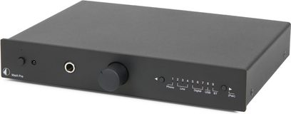 Pro-Ject MaiA PRE sort forstærker, kompakt, minimalistisk frontpanel med vælger, indikatorlys, lydstyrke, hovedtelefonstik