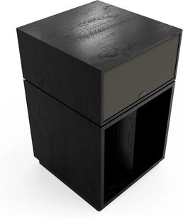 Klipsch La Scala AL6 sort træ gulvhøjttaler med frontgitter og åben base, set i trekvart vinkel