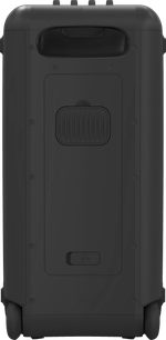 Φορητό ηχείο Bluetooth Klipsch Miami, κάθετη πίσω όψη, ενσωματωμένη λαβή στο επάνω μέρος, κεντρικός ορθογώνιος πίνακας, 2 ρόδες στο κάτω μέρος