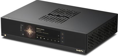 Lettore audio di rete Matrix Audio MS-1c nero, schermo a colori sul frontale e chassis perforato, vista di tre quarti