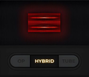 Pulsante nero con testo "HYBRID" illuminato in giallo, circondato da pulsanti "OP" e "TUBE" non illuminati, griglia rossa in alto