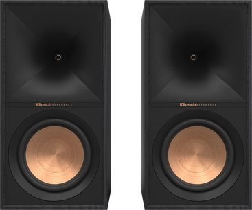 Enceinte de prateleira Klipsch R-60M preta, vista frontal, dois alto-falantes circulares de cobre, caixa retangular preta