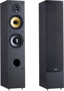 Par Davis Acoustics Ariane 5 højtalere i sort, trækasse, forfra og 3/4-visning, diskant, gul mellemtoner, basrefleks
