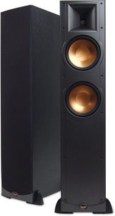 Sort Klipsch RF-82B gulvhøjttaler, set forfra, med to runde, forgyldte højttalere på forsiden