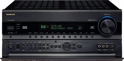 Onkyo TX-NR1007 sort hjemmebiografsforstærker, front med blåt display, mange knapper og justeringsknapper