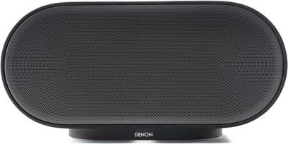 Vernetzter Lautsprecher Denon Home 600 in Anthrazit, Vorderansicht mit schwarzem Lochgitter und Denon-Logo in der Mitte