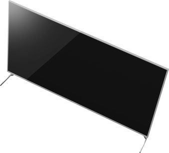 Panasonic TX-58EX700E-tv, sort skærm, sølvfarvet ramme, metalben, set fra en skrå vinkel oppefra, diagonalt hældende