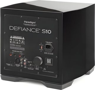 Cassa subwoofer Paradigm Defiance S10 nero, pannello posteriore metallico con prese RCA e manopola, vista posteriore a tre quarti