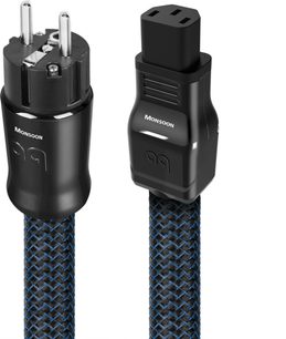 Audioquest Monsoon XTRM IEC13 2m strømkabel, sorte stik, sort og blå fletning, set forfra