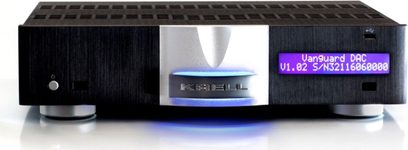 Krell Vanguard DAC tinklo garso grotuvas, priekinis fasadas, šlifuotas juodos spalvos korpusas, mėlynas ekranas, sidabriniai mygtukai