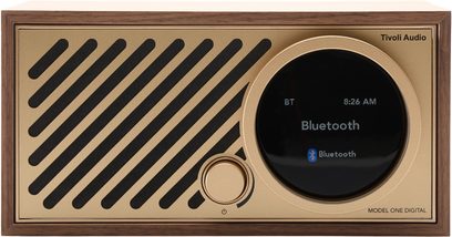 Radio da tavolo Tivoli Model One Digital, telaio in noce, frontale oro, schermo rotondo nero, griglia diagonale, manopola, vista frontale
