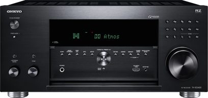 Onkyo TX-RZ3400 sort hjemmebiografsforstærker, set forfra, grøn display "00 Atmos", sølvfarvede knapper og drejeknapper, sort front