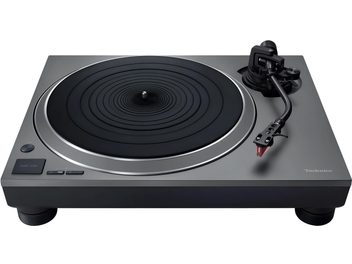 grå Technics SL-1500CS platespiller med direktedrift, svart rillet tallerken og S-arm med rød pickup
