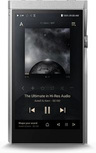 Astell&Kern SE180 audiofil musikafspiller, set forfra, skærmen viser et billede af en jordklode og afspilningsknapper