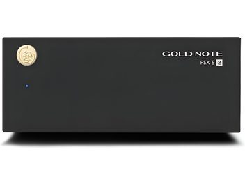 Gold Note PSX-5 2 ‑erillinen hifi-virtalähde, musta, pelkistetty etupaneeli, kultainen logo, medaljonki ja sininen LED-merkkivalo