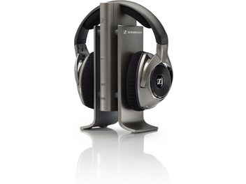 Sennheiser RS-180 åben hi-fi hovedtelefon set fra venstre profil, hovedbøjle og ørekopper i gråmetallic, sorte transducere