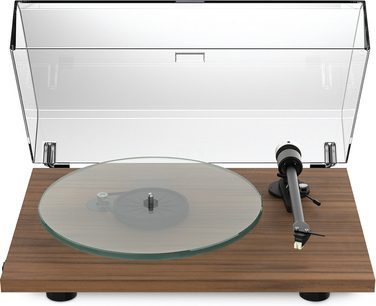 Pro-Ject T2 висококачествен винил грамофон от преден план с ноев цвят, с отворен прозрачен капак, стъклено плоско и черно звукозаписващо рамо