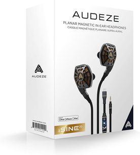 Åbne in-ear hovedtelefoner Audeze iSINE 20, sort og guld heksagonal kabinet, sort flettet kabel, ørepropper, på hvid emballage