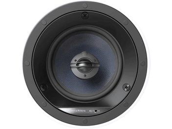 Вградена колонка Bowers & Wilkins CCM663RD черна, преден изглед, кръгла метална решетка, централно високочестотен тонколон
