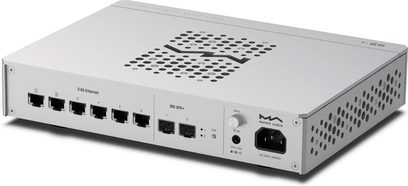 Matrix Audio SS‑1 Ethernet switch, matte silver-grey aluminum, front right three-quarter view, six 2.5 Gbps RJ45 ports, two 10 Gbps SFP+ ports, IEC power socket, and perforated MA-pattern ventilation grille