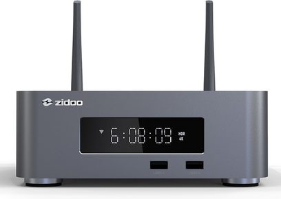 Multimediální přehrávač Zidoo Z10 PRO tmavě šedý, pohled zepředu, LED displej "6:00:00", 2 USB porty a 1 HDMI port na přední straně
