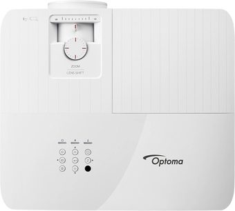 Optoma UHD42 hvid videoprojektor, set forfra, med zoomring, kontrolknapper og logo på toppen