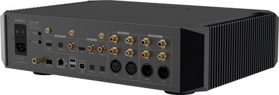Netzwerk-Audio-Player EverSolo DMP-A10, Rückansicht, Audio- und Stromanschlüsse, rechteckiges schwarzes Gehäuse, seitliche Kühlrippen