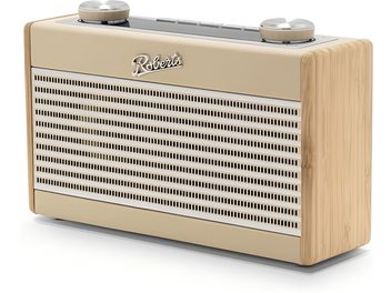 Roberts Rambler Uno Tischradio in Beige und Creme, Front mit Metallgitter und horizontalen Schlitzen, helle Holzseiten mit sichtbarer Maserung, zwei große silberne Drehknöpfe auf der Oberseite, Dreiviertelansicht von vorne