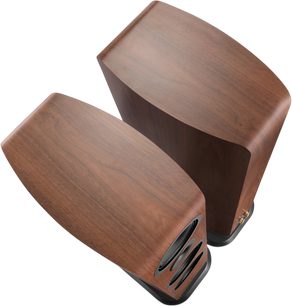 Pair of Canton Vento 101 floorstanding speakers in walnut, top-down view, curved cabinet with walnut finish and black front panel