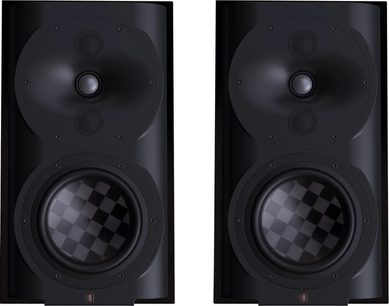 Boghyldehøjttalere Perlisten S4b, frontvisning, sort finish, 2 cirkulære højttalerenheder, øvre akustisk gitter, nedre membran med kvadreret mønster